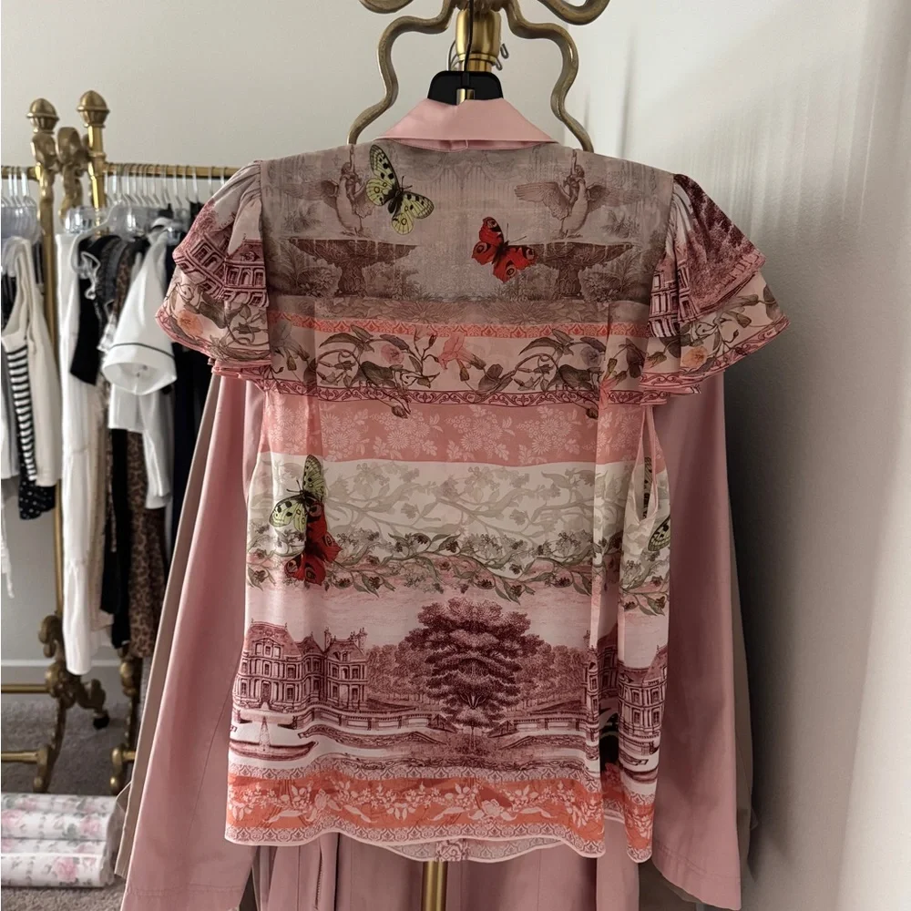 Alice + Olivia Pink Scenic Bow-Tie Ruffle Limited edition Versailles Silk Blouse - Picture 2 of 3